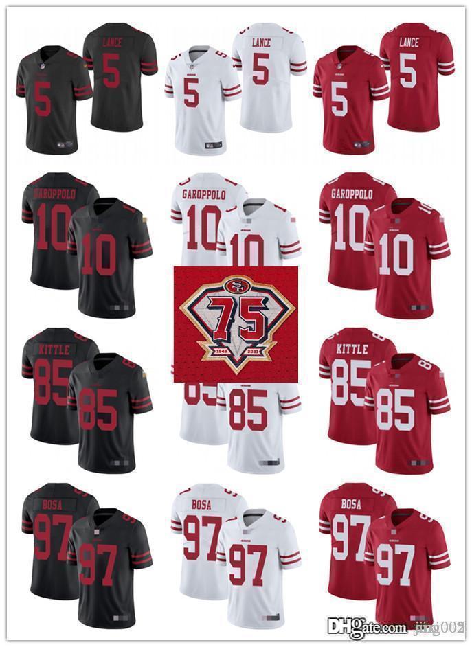 

75th Men Women Youth 85 George Kittle 10 Jimmy Garoppolo 5 Trey Lance 97 Nick Bosa Red black White Custom Football Jerseys, Colour