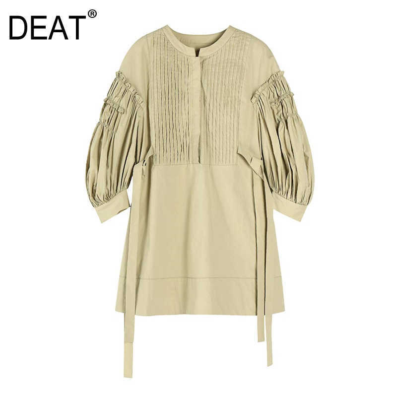 

[DEAT] Summer Fashion Tops Folds Drawstring Long Sleeve Round Neck Solid Color Temperament Loose Women Shirt 13C870 210527, Khaki