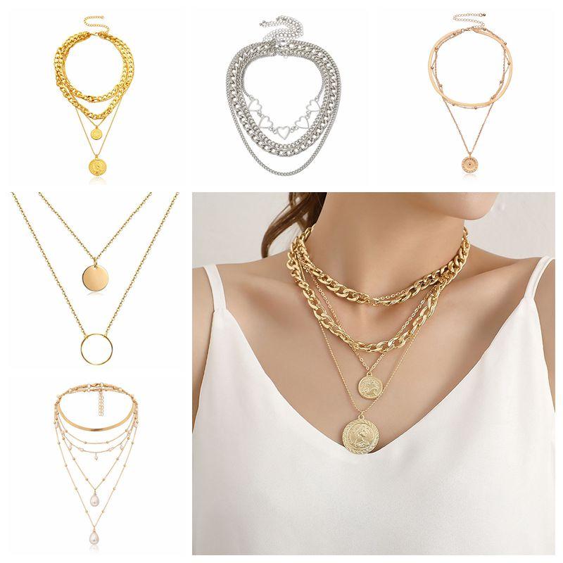 

Punk Vintage Layered Portrait Coin Pendan Necklace Set Link Heavy Metal Chains Choker Necklaces For Women Jewlery Wholesale