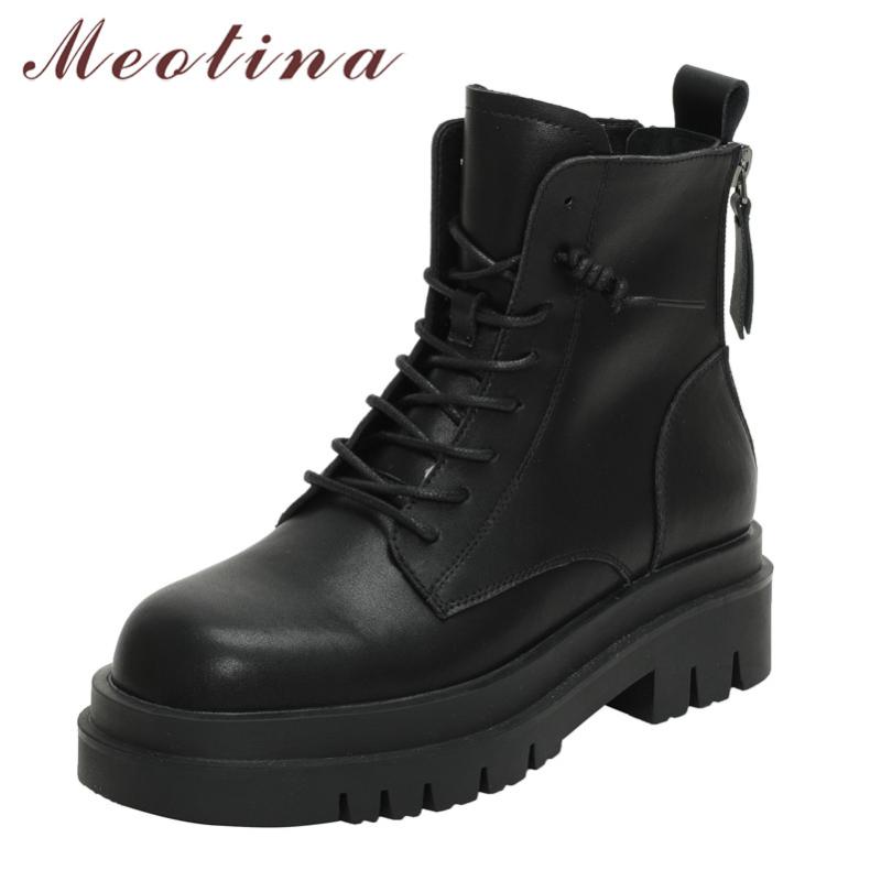 

Boots Meotina Motorcycle Women Shoes Real Leather Platform Mid Heel Short Lace Up Zip Block Heels Ankle Lady Black