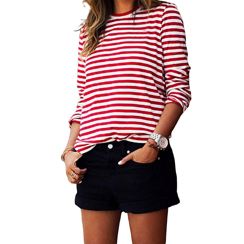 

Women' T-Shirt Women Red White Striped Casual Tops Long Sleeve Round Neck Loose Shirt Fashion 2021