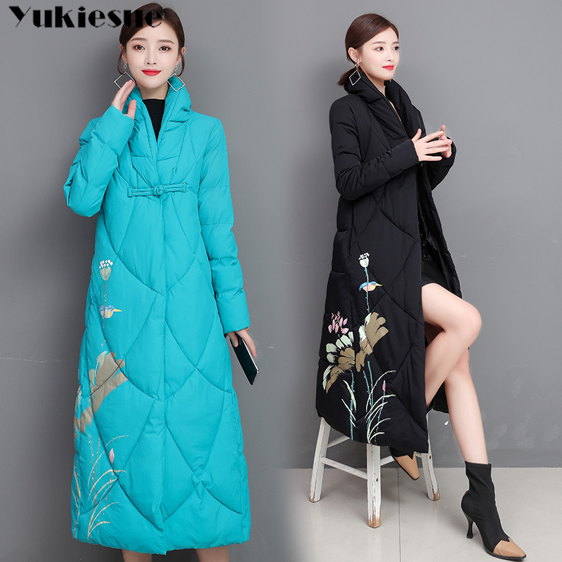 

embroidery Plus Size Women Parkas Winter Hooded Warm Coat Slim Cotton Padded Basic Jacket Female Casual long Outwear feminina 210518, Blue