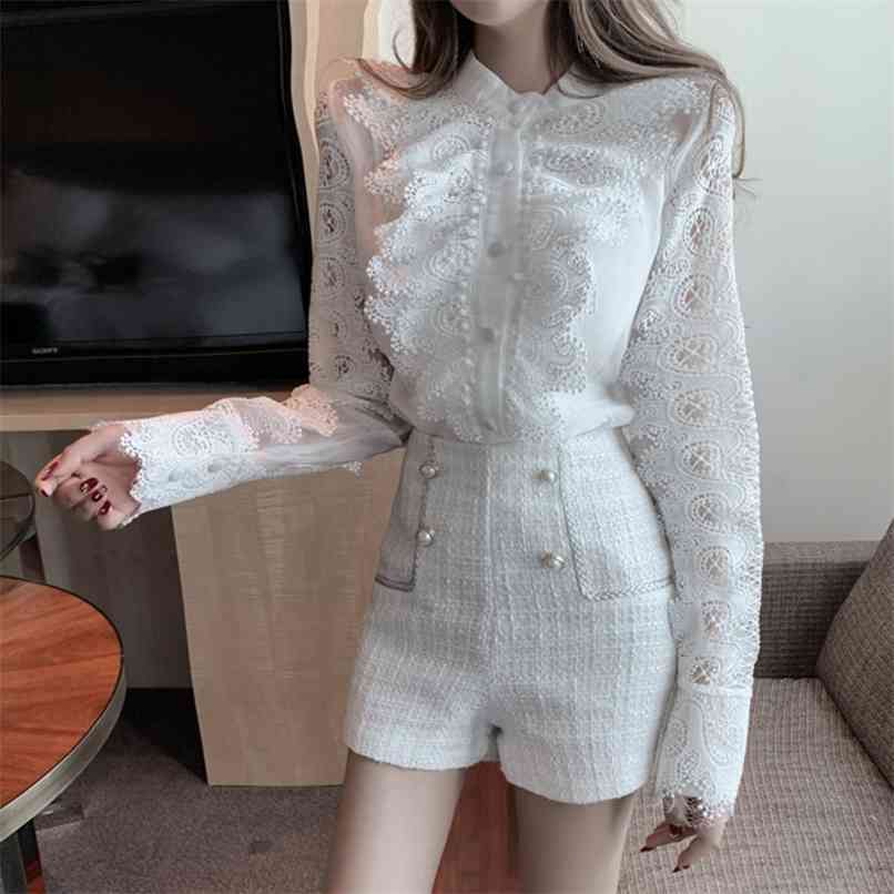 

Separately sale Shirt or Shorts 2 Piece Set Women Long Sleeve Hollow out Ruffles Lace Blouse+ Tweed Suits Outfits Female 210602, Only black shirt