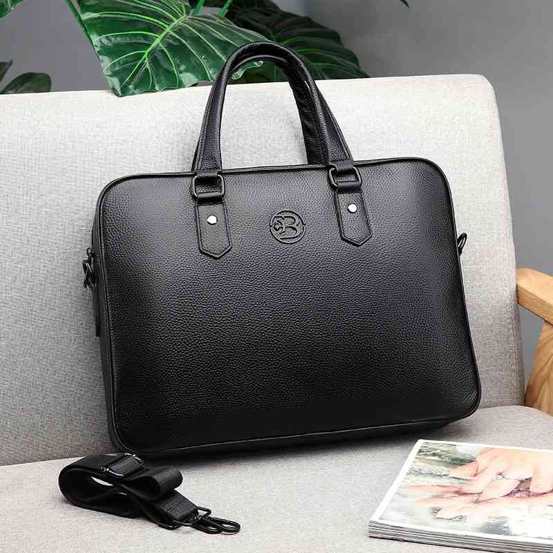 

2019 new men's business computer handbag large capacity first layer leather messenger travel bag, Black
