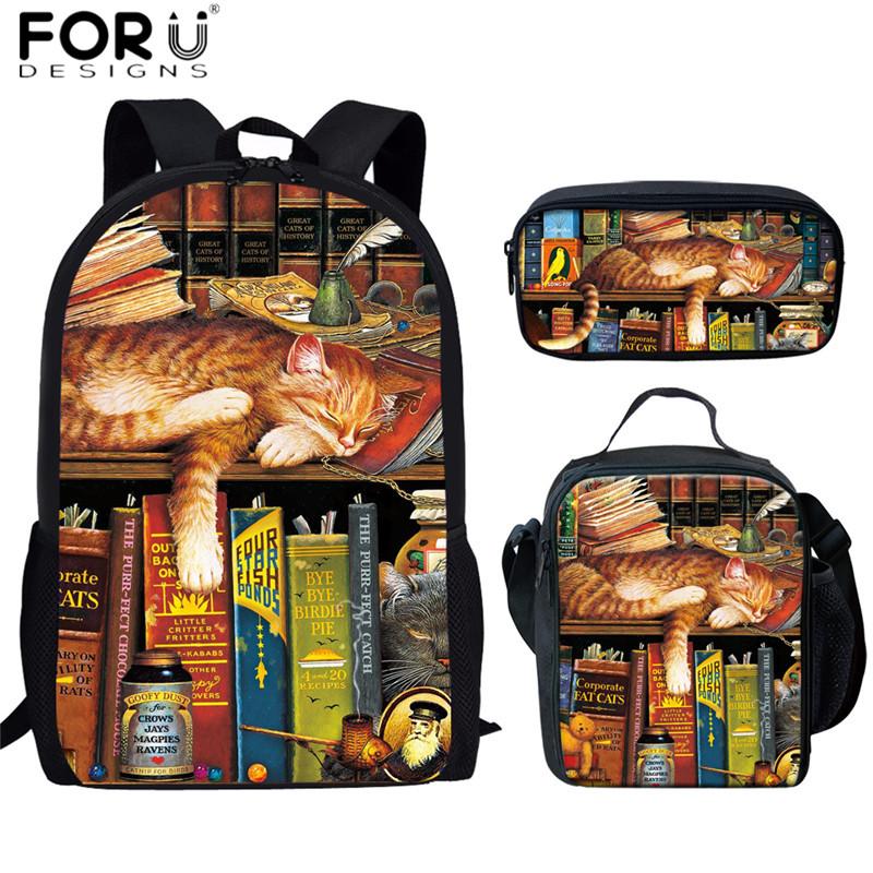 

Retro Teens School Bags Funny Lazy Bookshelf Sleeping Cat Print Shoulder Backpacks For Child 3pcs/set Bookbag