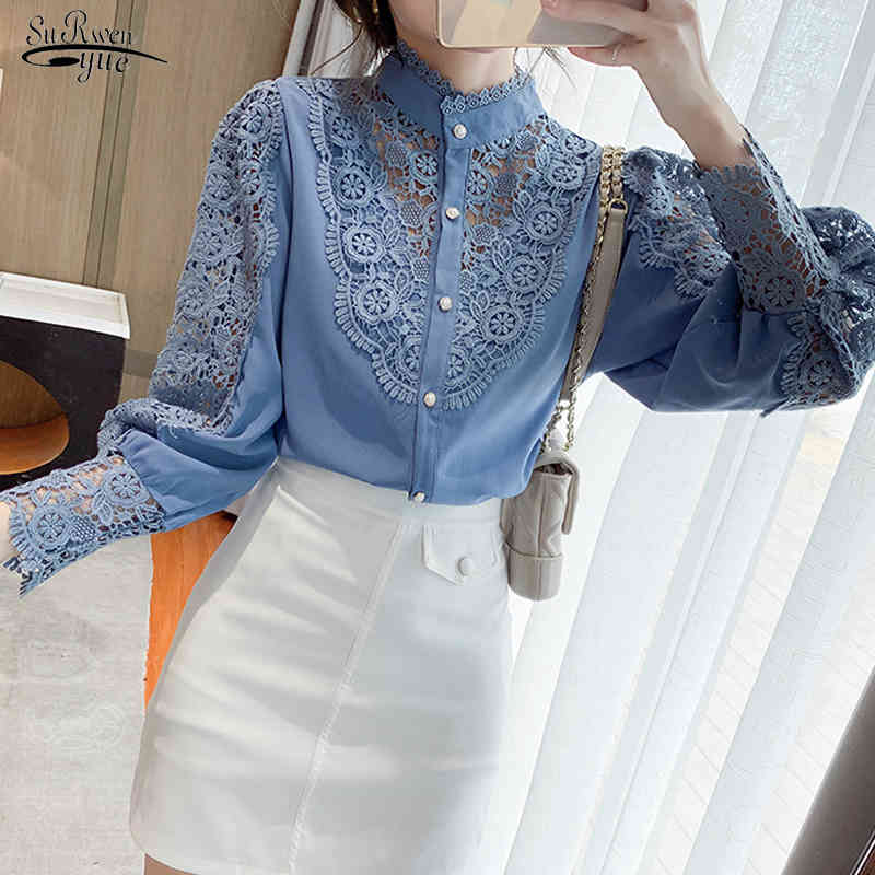 

Spring Korean Style Crochet Hollow Lace Stitching Blouse Women Sexy Puff Sleeve Stand-up Collar Bottoming Thin Shirt 12731 210521, Beige