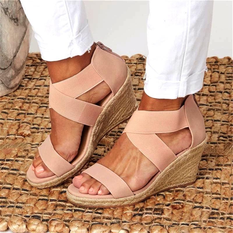 

Summer Women Sandals Elastic Band Peep Toe Woman Wedges Shoes Cross Tie Platform Bottom Lady Female Plus Size 2021, Apricot