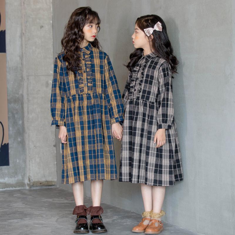Mori Kids Girls Plaid Long Sleeve Long Dress 8.10 12 years Japanese style Teen Girls Clothes-image-701029520