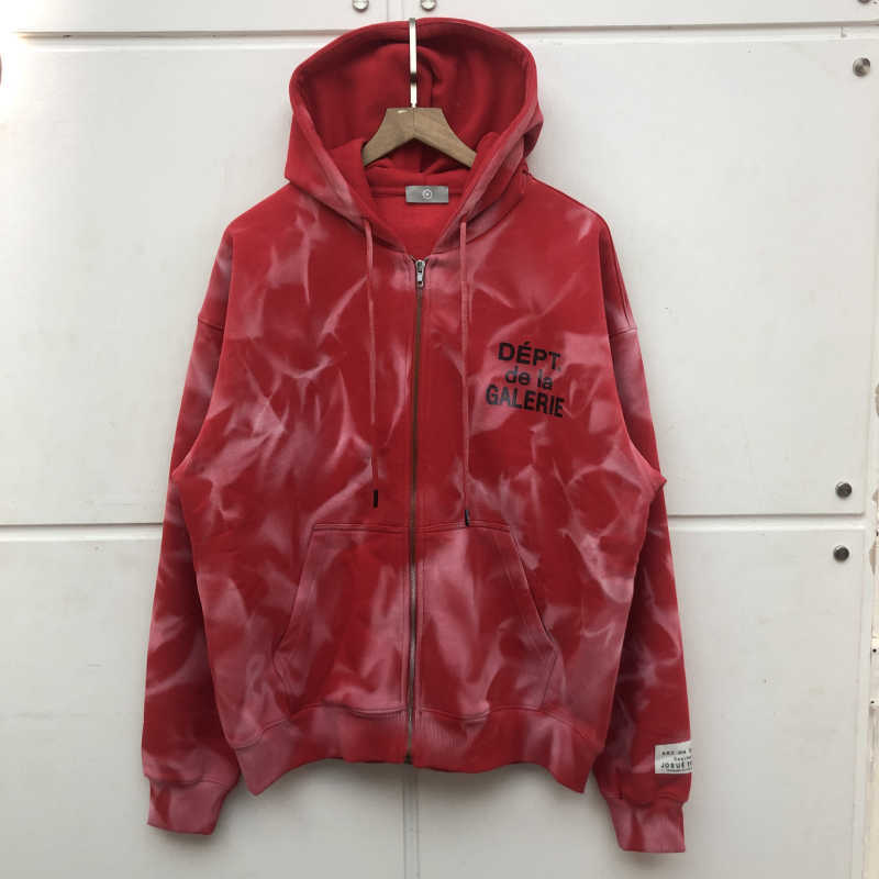 

Gary Dept meichaogao Street hip hop men's zipper Hoodie sweater tie dyed Plush couple coat, Red
