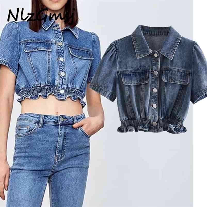 

Blouse Women Denim Shirt Single-breasted Solid Color Turn-down Collar Short Sleeve Tops 03 210628, As picture
