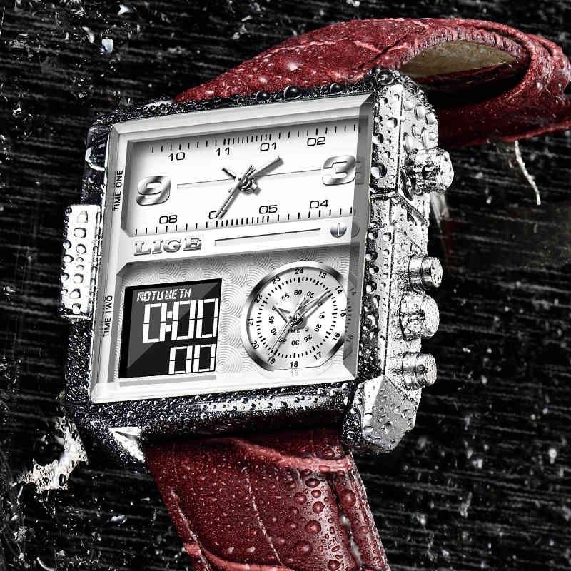 

LIGE Luxury Men Watches 3 Time Zone Big Man Fashion Military LED Sport Watch Leather Quartz Wrist Watches Relogio Masculino 210517, Mesh silver black