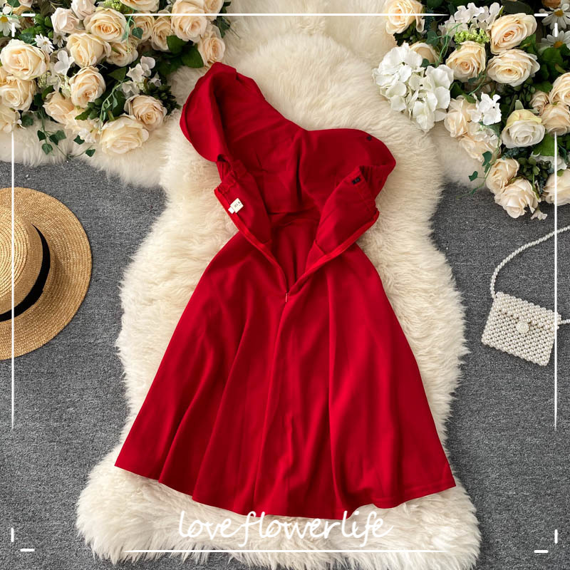 

LoveFlowerLife Summer Fashion Chic Ruffles Solid Slim Wasit Sweet Dresses Sexy Vestidos Neploe One Shoulder Women Dress 210521, Pink