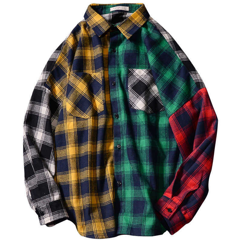 

Men Women Plaid Shirts Colour Block Long Sleeve Button Up Jackets Oversized Hip-hop Trend Spring Fashion Coats 210527, Color panel