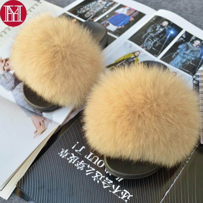 

Slippers Fashion Women Real Genuine Fur Girls Fluffy Shoes Slides Lady Luxury Quality Flat Sandals, Black