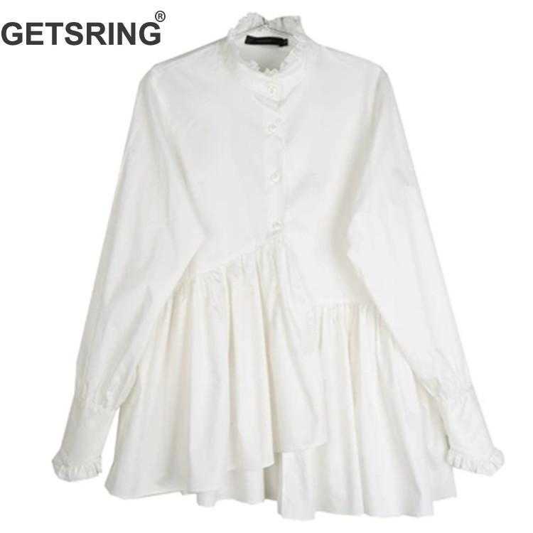 

GETSRING Woman Shirt Irregular Ruffle Cotton Blouse White Asymmetry Standing Collar Loose Casual Women Fashion 210601