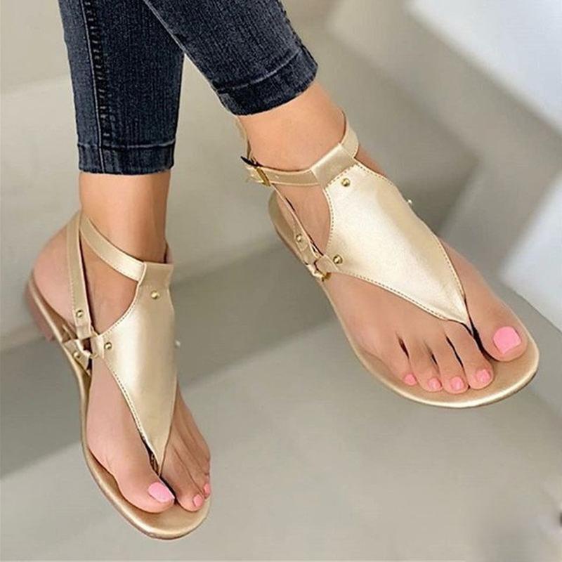 

Sandals 2021 Summer Gladiator Women Flat Open Toe Casual Beach Ladies Shoes Bohemian Buckle Strap Roman Flip Flops, 102061-gold
