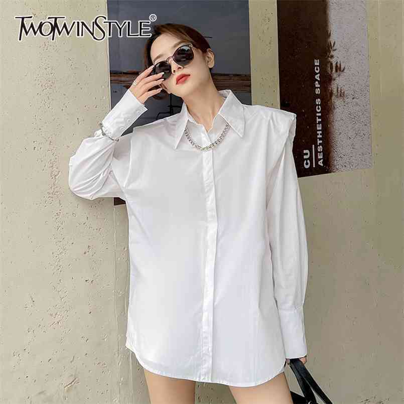 

White Casual Patchwork Chain Shirts For Women Lapel Long Sleeve Minimalist Straight Blouses Female Spring 210524