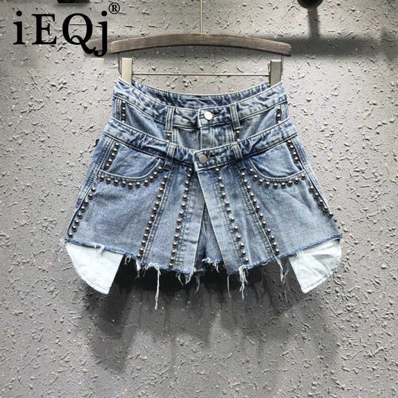 

[IEQJ] Spring Summer Patter Denim Patchwork Fake Two Piece Heavy Work Beaded Edge High Waist Loose Shorts AG02605XL 210611, As shown