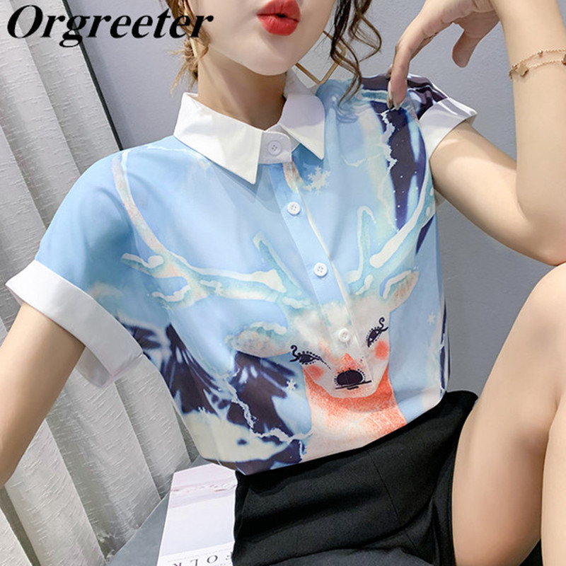 

Summer Fashion Cartoons Design Deer Print Chiffon Shirt Women's Short-sleeved Lapel Blue Tops 210525