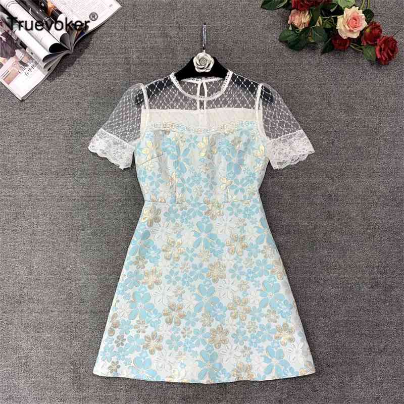 

Truevoker Women High Street Short Sleeve Sky Blue Flower Print Jacquard Party Dress Mujer Festa Vestido 210602