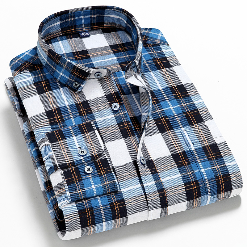 Mens Plaid Shirt 100% Cotton High Quality Mens Business Casual Long Sleeve Shirt Male Social Dress Shirts Flannel 4XL-image-747225721