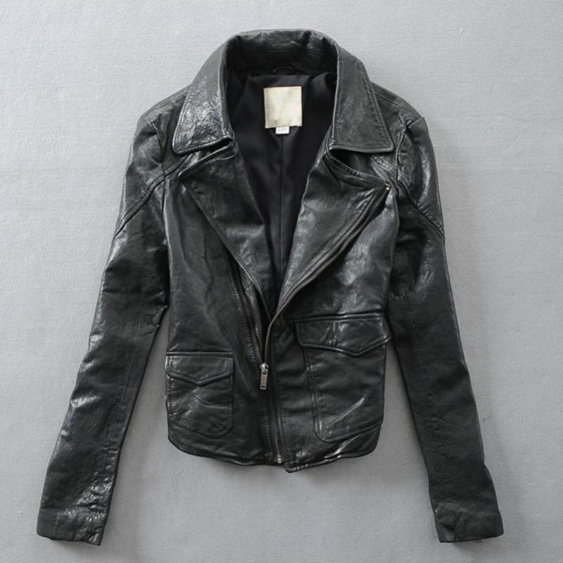 

Women's Leather & Faux Colorful Genuine Black Yellow Orange Pink Watermelon Red Sheepskin Lapel Slim Motorcycle Jacket Lady Coat