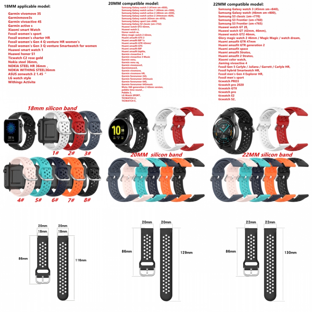 

18mm 20mm 22mm Silicone Watchband for Samsung Galaxy 42mm 46mm Active2 Gear S2 S3 Strap Band Bracelet Huawei Watch gt2
