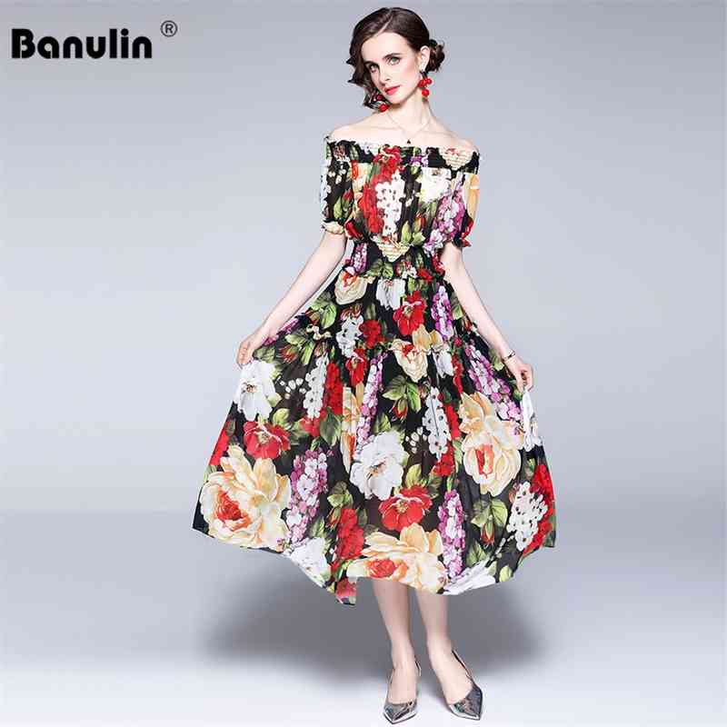 

Banulin Runway Summer Off Shoulder Maxi Dress Women's Puff Sleeve Elastic Waist Flower Print Bohemian Silk Long N58282 210603, Mixed color