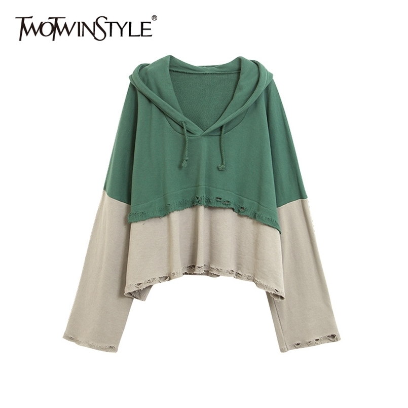 

Loose Hit Color Casual Sweatshirt For Women Hooded Collar Long Sleeve Korean Spring Sweatshirts Female Fashion 210524, Green