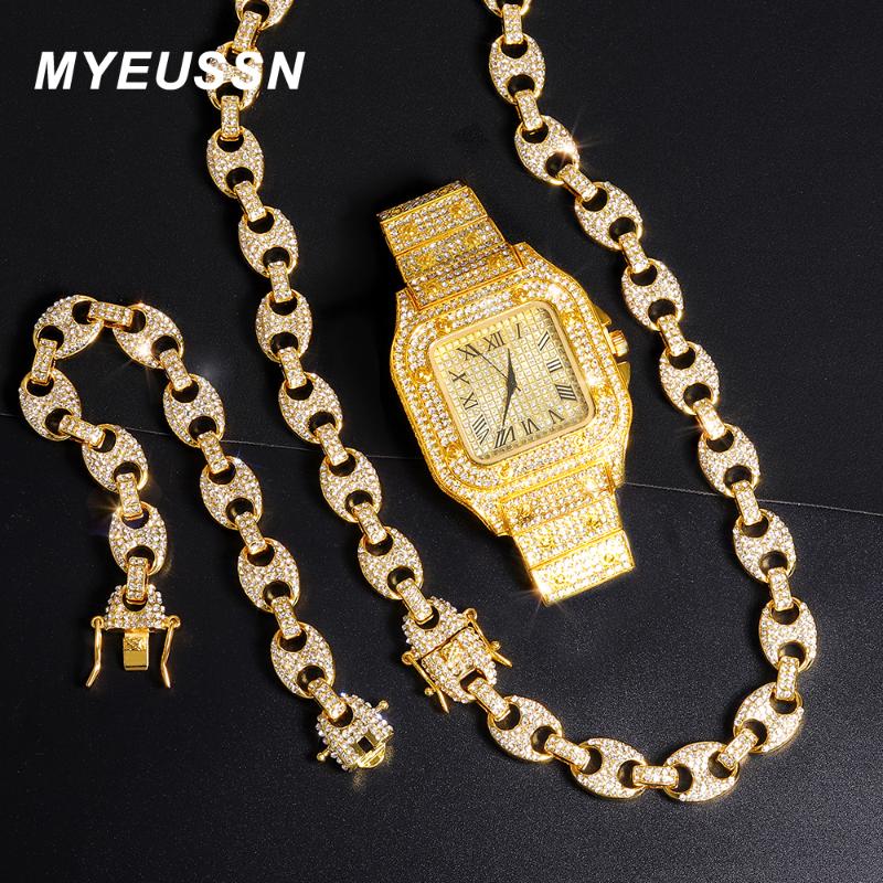 

Chains Iced Out Watch Jewelry Cuban Link Necklace Men Pig Nose Chain Men's Gold Color Bracelet Set Holiday Gift, Silver