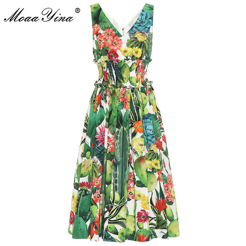 

Fashion Designer Female dress Summer Women's Cotton Dress V-neck Cactus Floral-Print Elastic waist Dresses 210524, Multi