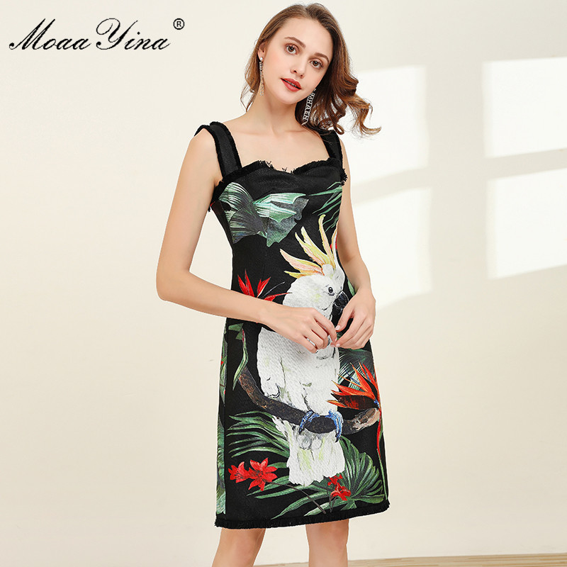 

Fashion Designer dress Spring Summer Women' Dress Green leaf Parrot Print Spaghetti strap Dresses 210524, Multi