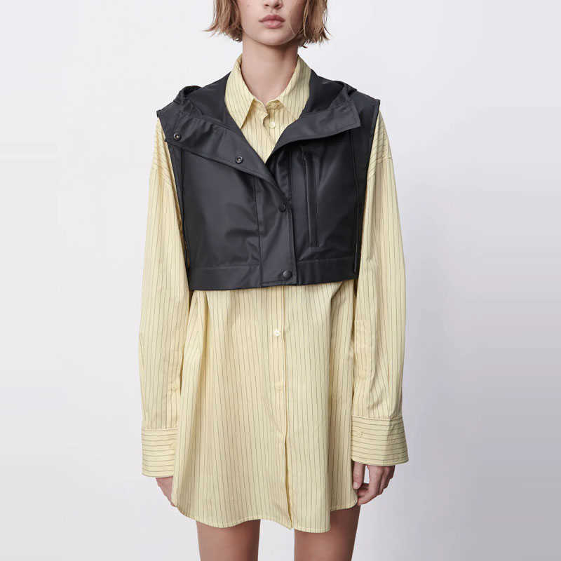 

ZA Yellow Oversized Striped Shirt Women Long Sleeve Back Pleat Loose Tops Woman Fashion Front Patch Pocket Long Shirts 210602