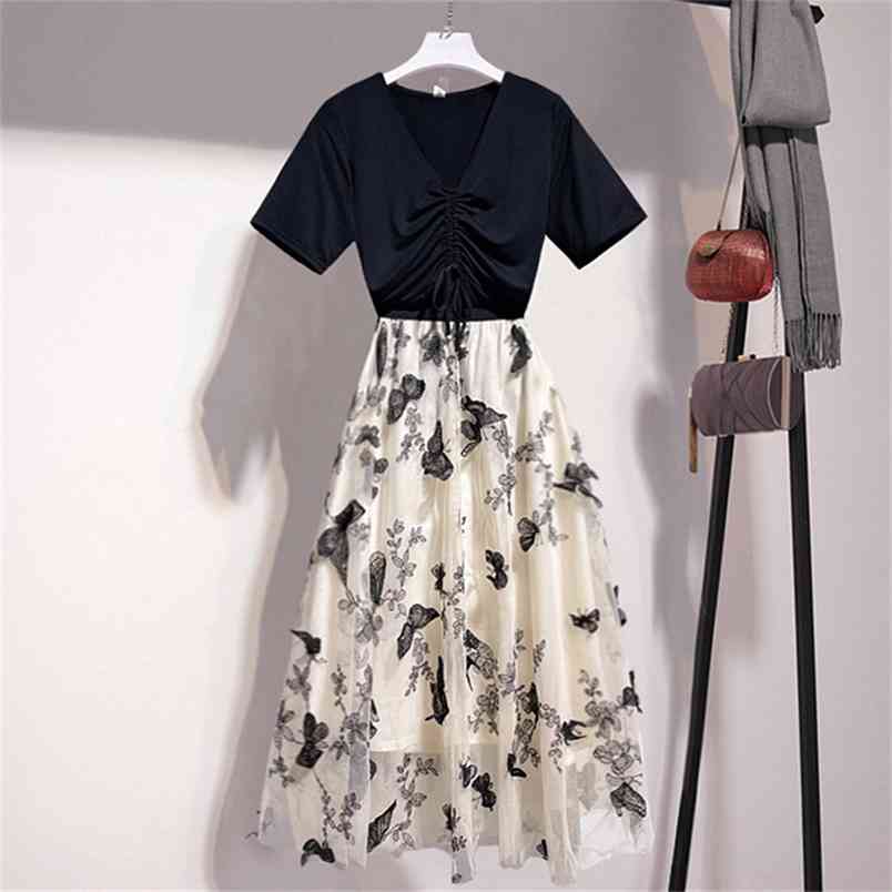 

Summer Women Set Fashion Black Drawstring Short Sleeve T-Shirt + Butterfly Embroidery Mesh Skirt Suit 2 Pieces Sets 210519, Photo color