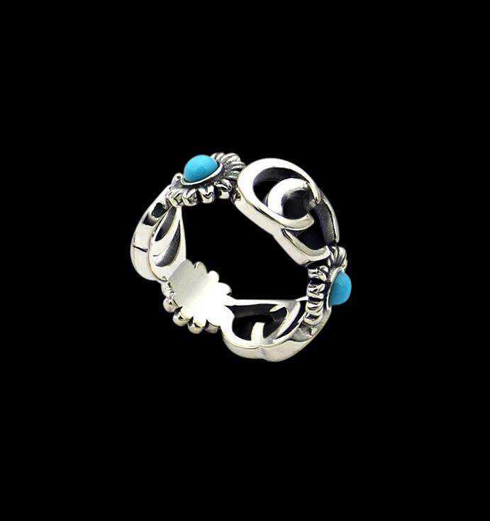 

Hollow out G letter turquoise flower ring classic yajin couples