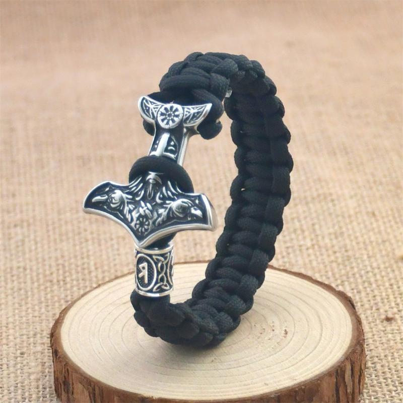 

Bangle Men's Viking Stainless Steel Crow Hammer Bracelet Nordic Compass Rune Beads Black Umbrella Cord Hand-woven