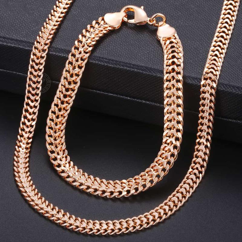 

Earrings & Necklace Men Women's Jewelry Set 585 Rose Gold Bracelet Double Curb Cuban Weaving Bismark Chain 2021 Wholesale KCS04, Silver
