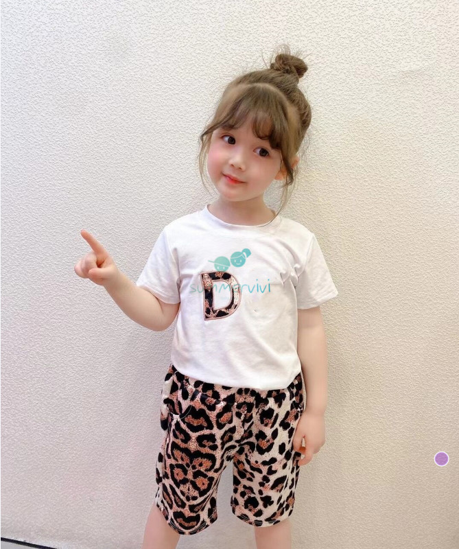 

Designer Kids Sport sets children letter printed short sleeve T-shirt+leopard shorts 2pcs boys girls summer outfits A6504, White