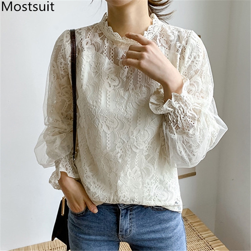 

Korean Lace Blouses Shirts Women Flare Sleeve Stand Collar Hollow Sweet Elegant Tops Pullovers Fashion Casual Office Blusas 210518, Apricot