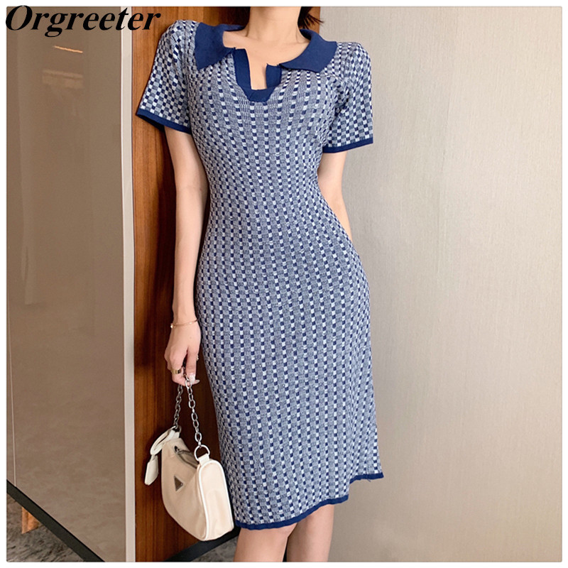 

Retro Mosaic Pattern Mid Knitted Dress Summer Contrast Lapel Short Sleeve Sexy Sheath Bodycon Thin Sweater Dresses Women 210525, Blue