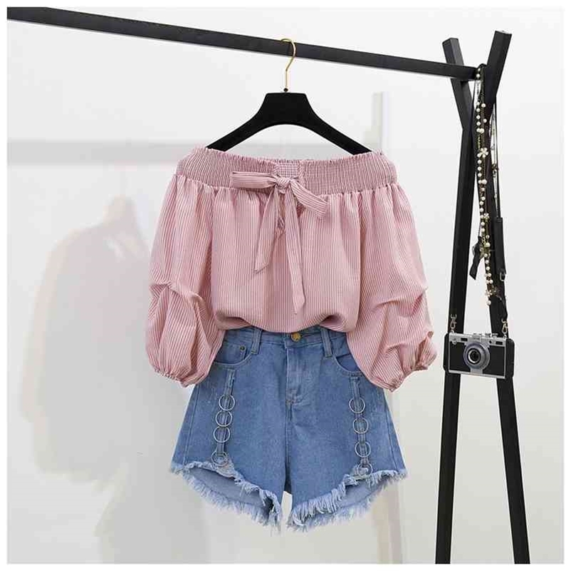 

Fashion Sets Summer Women Bow Off collar Shirts + Denim Shorts Casual two-piece set Female suits A1147 210519