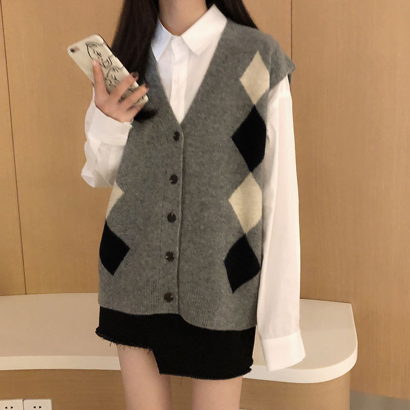 

Fashionable Autumn Winter Oversized Sweater Vest Women Argyle V Neck Single Breasted Knitted Cardigan All Match Tops 210520, Gray