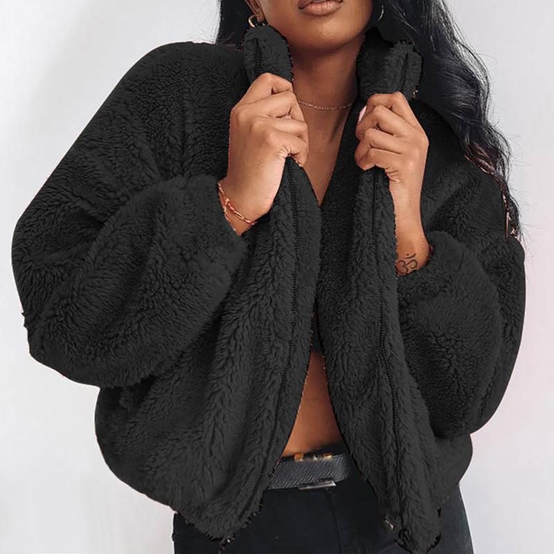 

Women's Fur & Faux Winter Zip Up Coat Women Long Sleeve Turn Down Collar Loose Jackets Female Elegant Overcoat Outwear Plus Size, Black