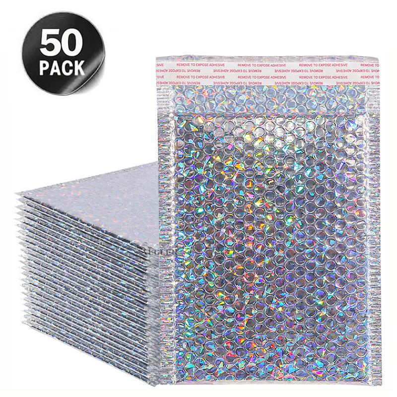 

Packaging Bags 50Pcs Holographic Mailer Laser Silver Mailing Envelope Waterproof Courier Bag Padded Bubble Envelopes For