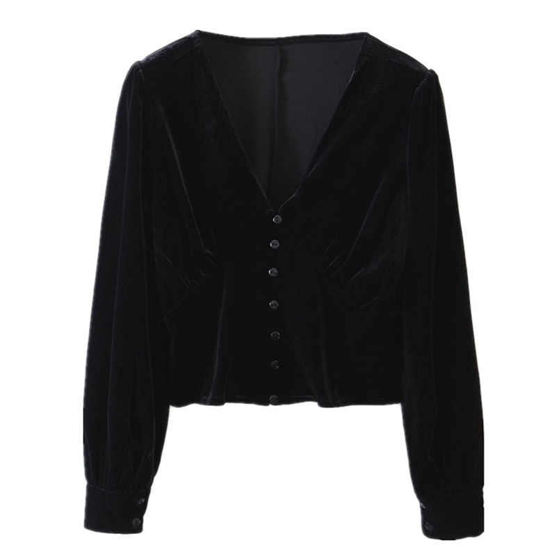

French Black Velvet Shirt Retro Woman V neck Slim Waist Single-breasted Long sleeve Blouse Velour Tops Blousas 210429