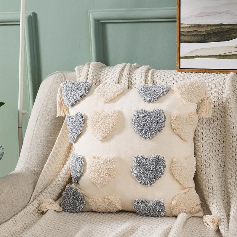 

Cushion/Decorative Pillow 45*45cm Heart Pattern Tufted Embroidery Sofa Throw Cushion Cover Office Home Pillowcover With Tassel Pillowcase 40, 05