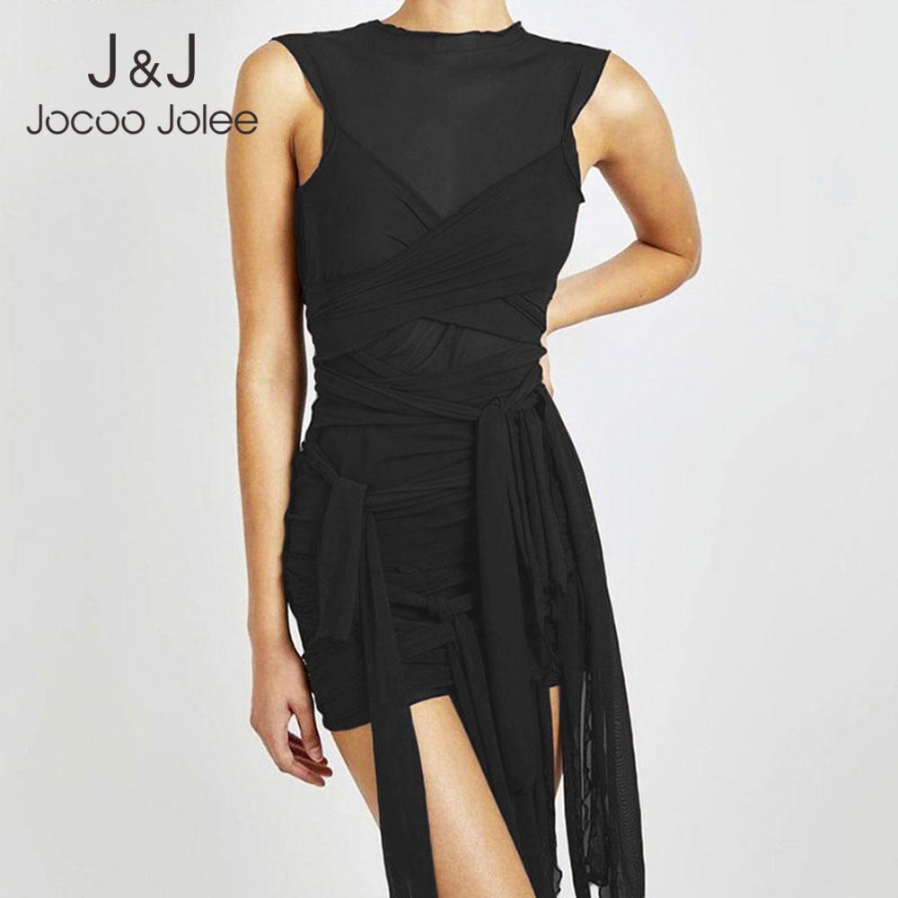 

Jocoo Jolee Women Summer See Through Mesh Ribbons Backless Sexy Mini Dress Buttocks Solid Sleeveless Streetwear Party Club 210518, Black