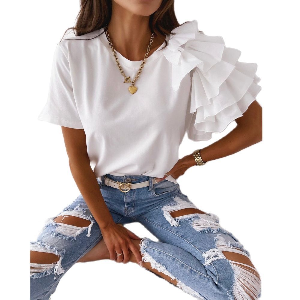 

Casual Ruffles Short Sleeve T-shirts Women Summer O Neck Streetwear Loose Cotton Splice Irregular Ladies White Black Tee Shirts 210507, Khaki