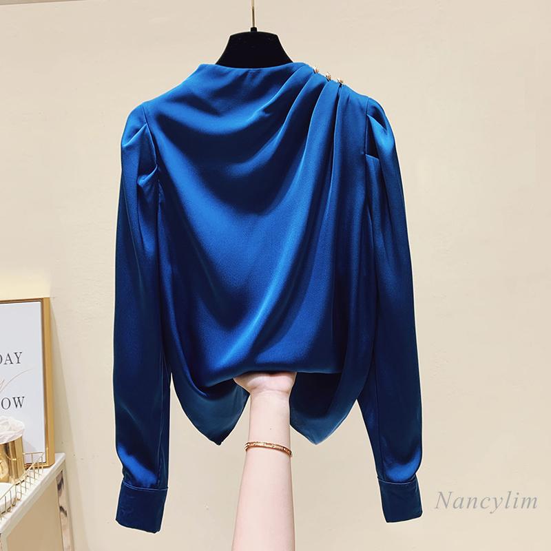 

Women's Blouses & Shirts Stand Collar Button Pleated Chiffon Shirt For Women 2021 Spring Fashion Office Lady Blouse Solid Color Blusas Mujer, White