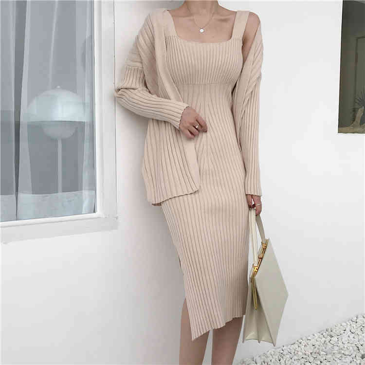 Two Piece Dress High Quality Women Peals Sweater Tops Suits Long Sleeve Off Shoulder Pullovers Elegant Woman Knitted Jumpers Skirt-image-699607764